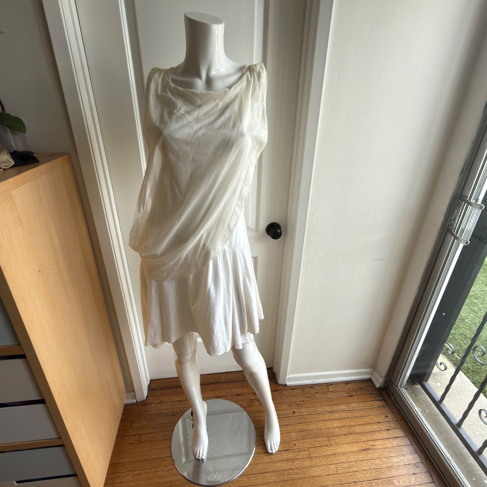 Rebecca Taylor Cream Cotton Draped Mesh Overlay Mini Dress Sleeveless S - Picture 4 of 8